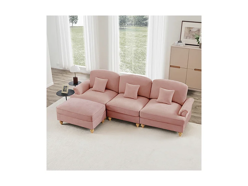 Sofá Cantinho Modular 3 Lugares Chenille - Capa Removível e Puf Móvel - 272x140x93cm - Rosa