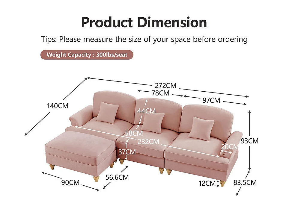 Canapé 3 places d’angle modulable en Chenille - avec cantonnière amovible et pouf mobile - 272x140x93cm - Rose