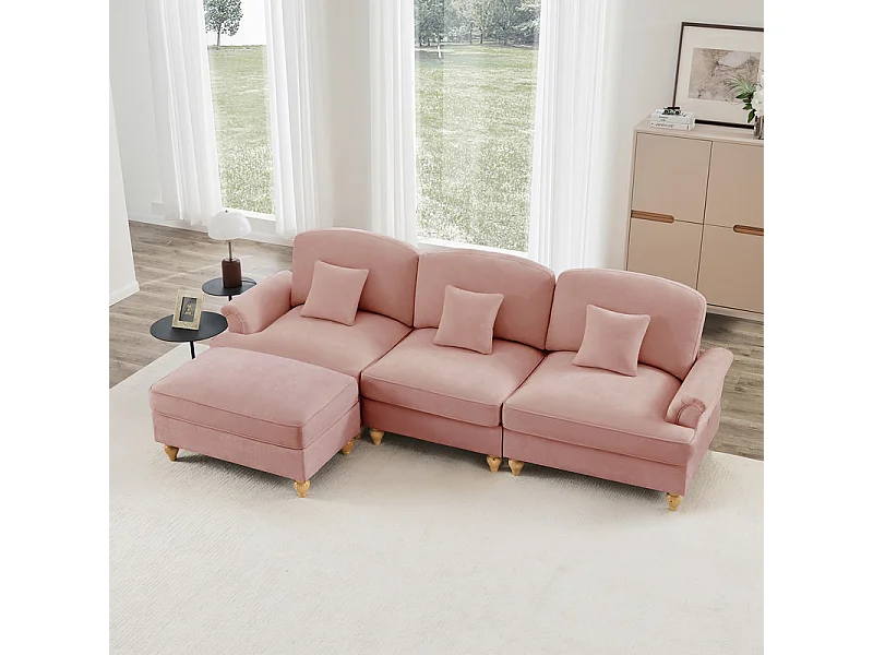 Canapé 3 places d’angle modulable en Chenille - avec cantonnière amovible et pouf mobile - 272x140x93cm - Rose