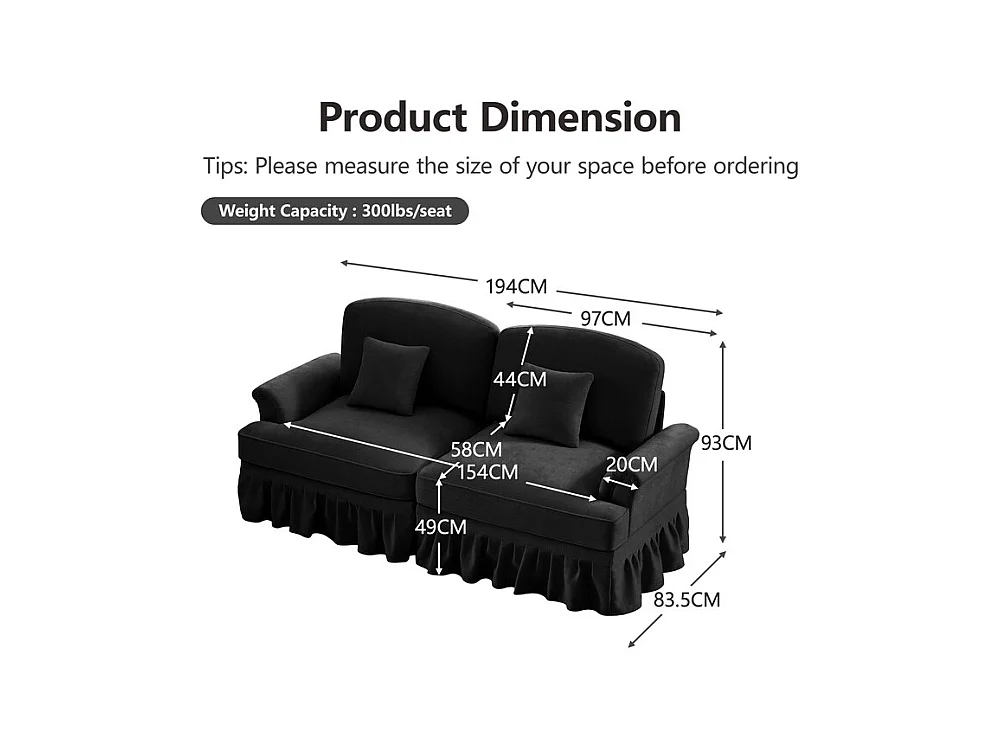 Grand canapé 2 places en Chenille - avec cantonnière amovible et 2 oreillers - 194x83,5x93cm - Noir
