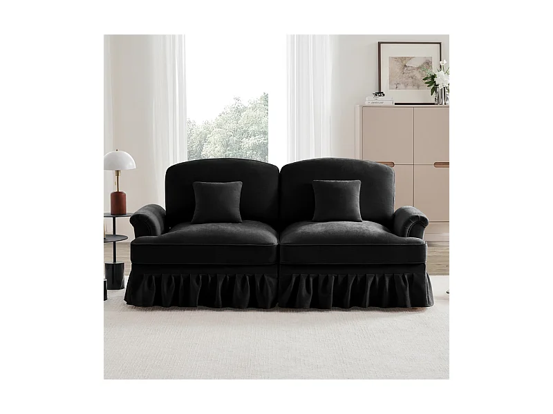 Grand canapé 2 places en Chenille - avec cantonnière amovible et 2 oreillers - 194x83,5x93cm - Noir