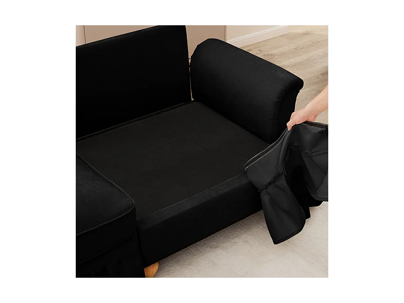 Grand canapé 2 places en Chenille - avec cantonnière amovible et 2 oreillers - 194x83,5x93cm - Noir