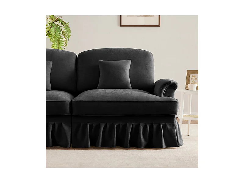 Grand canapé 2 places en Chenille - avec cantonnière amovible et 2 oreillers - 194x83,5x93cm - Noir