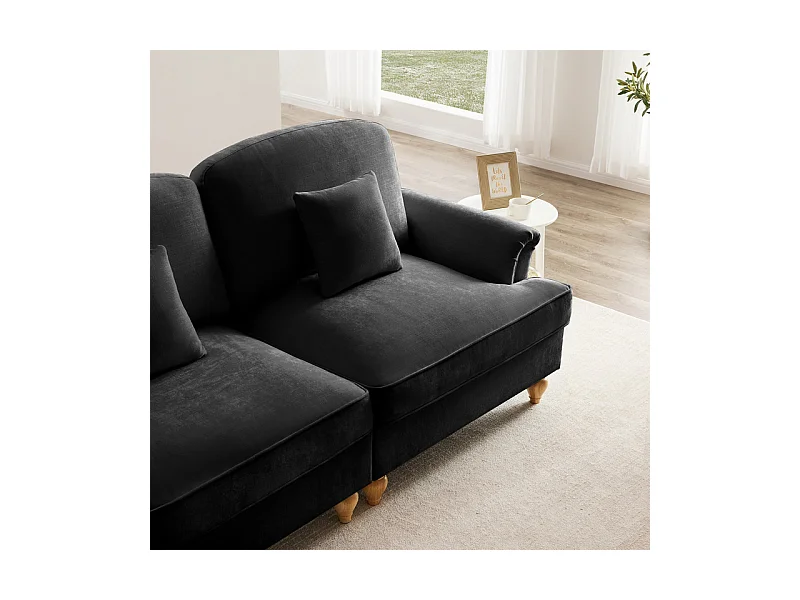 Grand canapé 2 places en Chenille - avec cantonnière amovible et 2 oreillers - 194x83,5x93cm - Noir