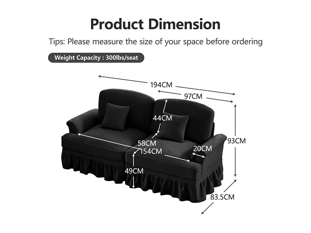 Grote 2-Zits Bank van Chenille - Met Afneembare Hoes en 2 Kussens - 194x83.5x93cm - Zwart