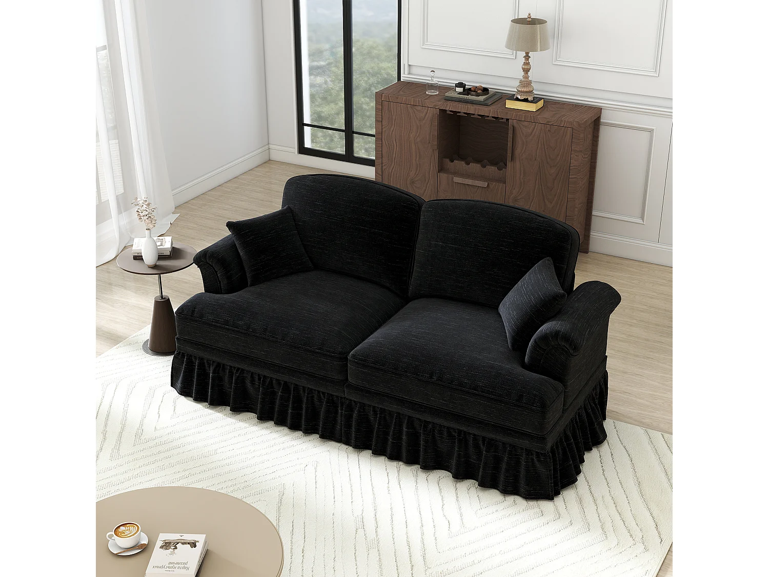 Grote 2-Zits Bank van Chenille - Met Afneembare Hoes en 2 Kussens - 194x83.5x93cm - Zwart