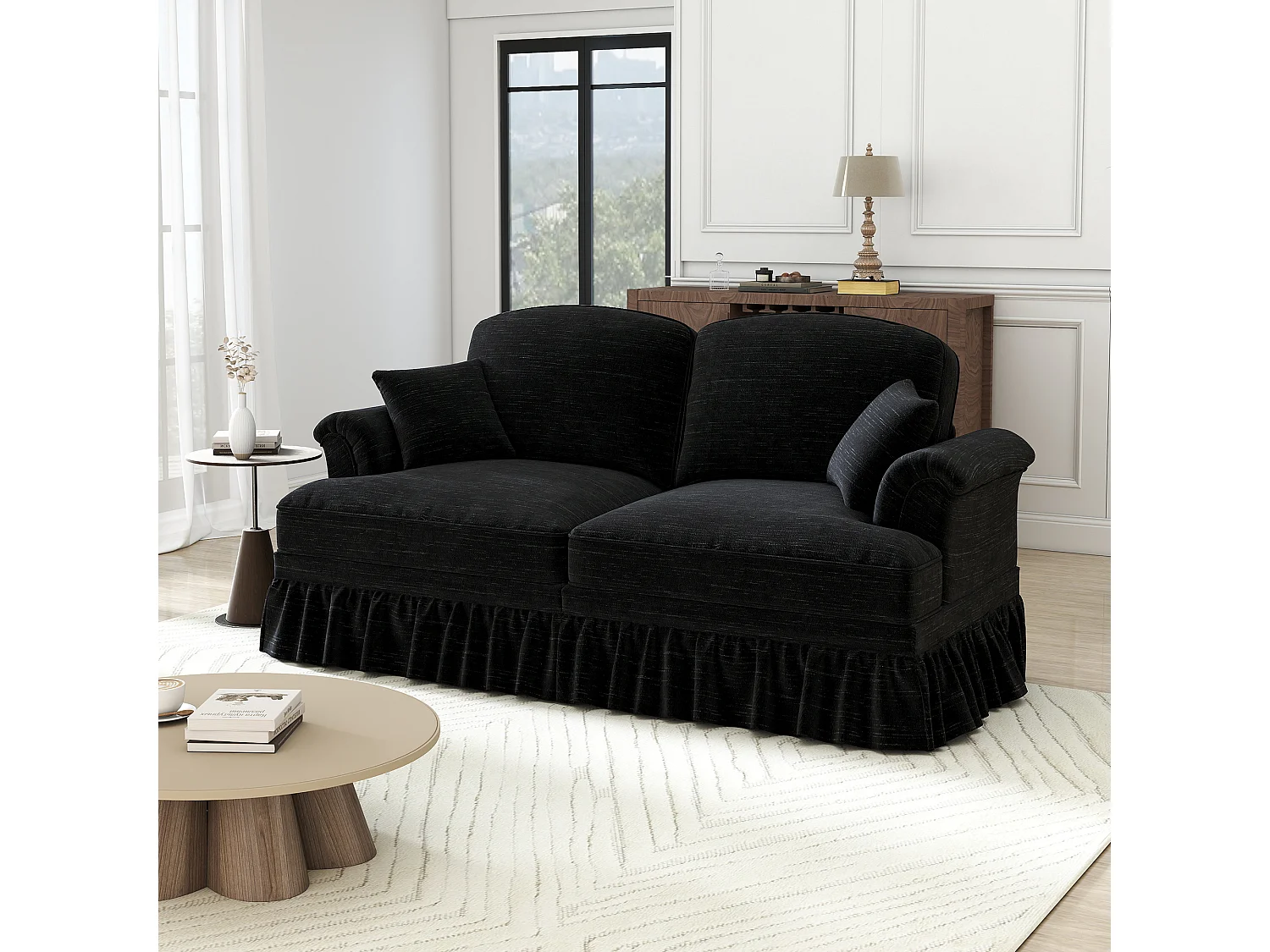 Grote 2-Zits Bank van Chenille - Met Afneembare Hoes en 2 Kussens - 194x83.5x93cm - Zwart