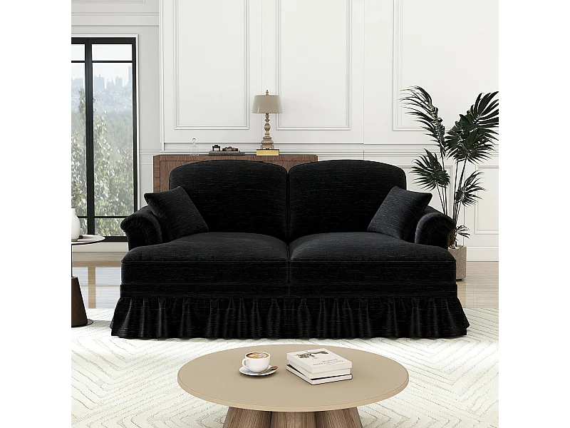 Große 2-Sitzer Couch aus Chenille - Abnehmbarer Überwurf und 2 Kissen - 194x83.5x93cm - Schwarz