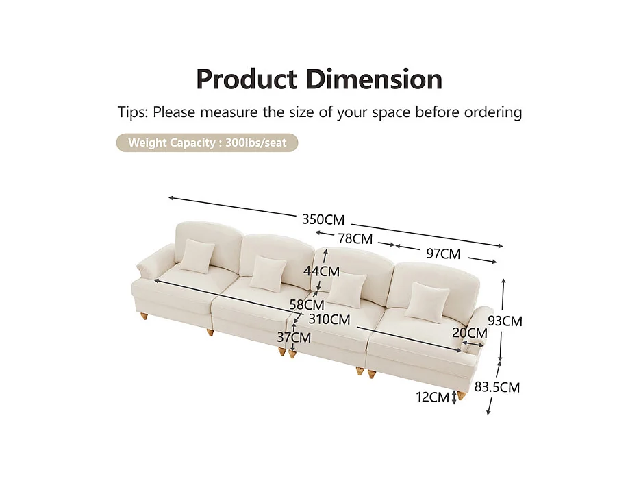 Canapé 4 places modulable en Chenille - avec cantonnière amovible et 4 oreillers - 350x83,5x93cm - Beige
