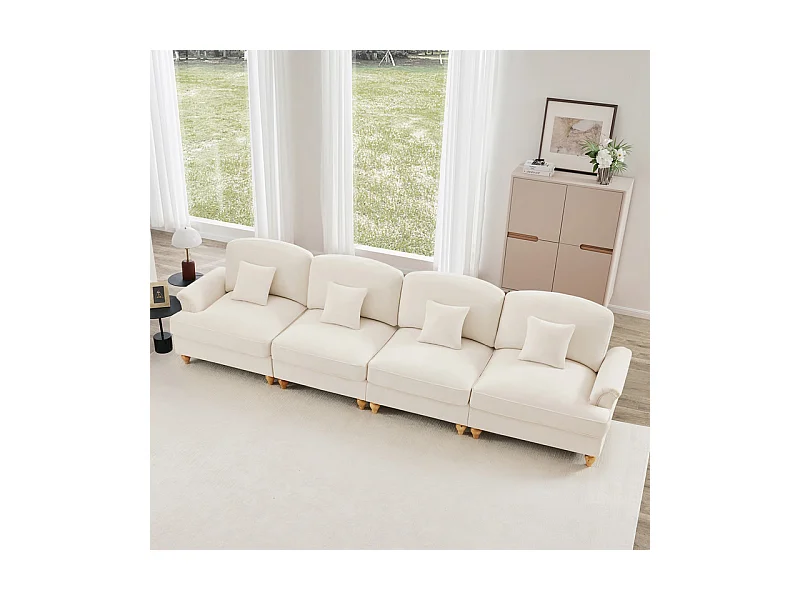 Canapé 4 places modulable en Chenille - avec cantonnière amovible et 4 oreillers - 350x83,5x93cm - Beige