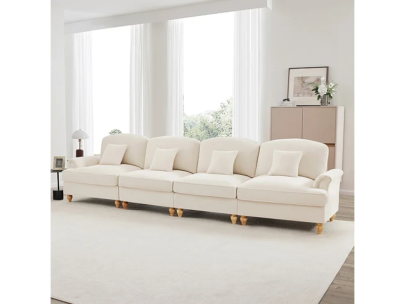 Canapé 4 places modulable en Chenille - avec cantonnière amovible et 4 oreillers - 350x83,5x93cm - Beige