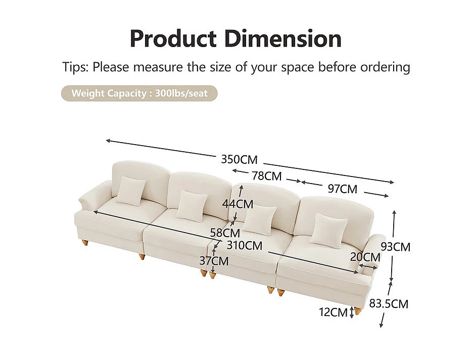 Canapé 4 places modulable en Chenille - avec cantonnière amovible et 4 oreillers - 350x83,5x93cm - Beige