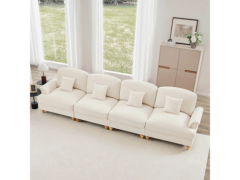 Canapé 4 places modulable en Chenille - avec cantonnière amovible et 4 oreillers - 350x83,5x93cm - Beige