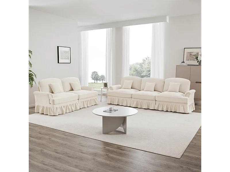 Lote 2 Sofás Modulares Chenille 2+3 Plazas - Funda Extraíble y 5 Cojines - 58cm Prof. - Beige