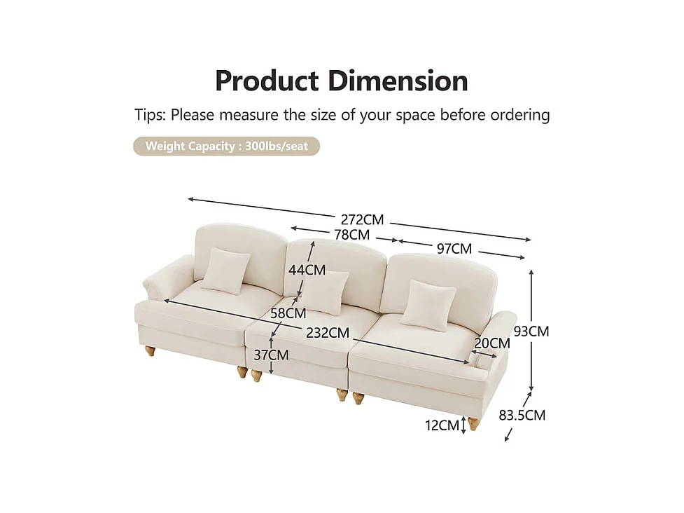 Lot de 2 canapé modulable en Chenille - 2+3 places - avec cantonnière amovible et 5 oreillers - 58cm profond - Beige