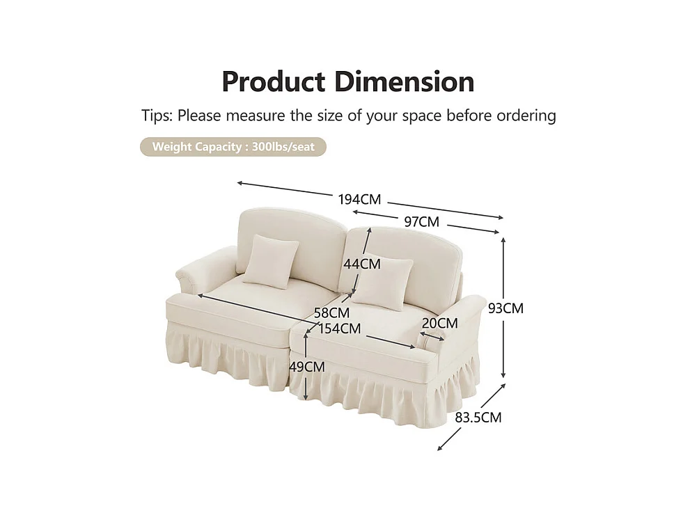 Lot de 2 canapé modulable en Chenille - 2+3 places - avec cantonnière amovible et 5 oreillers - 58cm profond - Beige