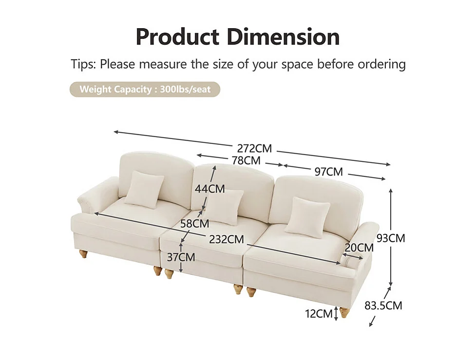 Lot de 2 canapé modulable en Chenille - 2+3 places - avec cantonnière amovible et 5 oreillers - 58cm profond - Beige