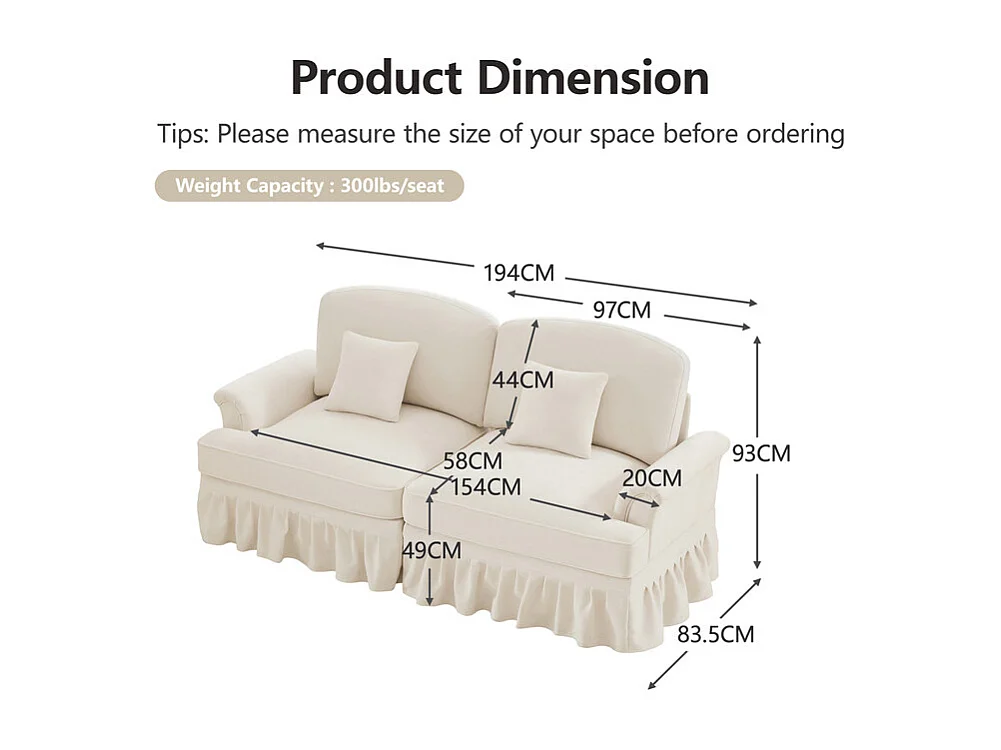 Lot de 2 canapé modulable en Chenille - 2+3 places - avec cantonnière amovible et 5 oreillers - 58cm profond - Beige