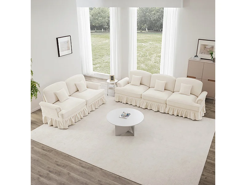 Lot de 2 canapé modulable en Chenille - 2+3 places - avec cantonnière amovible et 5 oreillers - 58cm profond - Beige