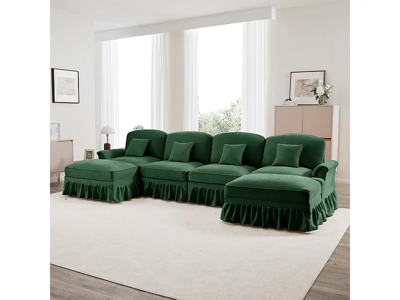 Canapé 4 places d’angle Modulable en U - Chenille - avec cantonnière amovible et 2 pouf mobile - 350x140x93cm - Vert