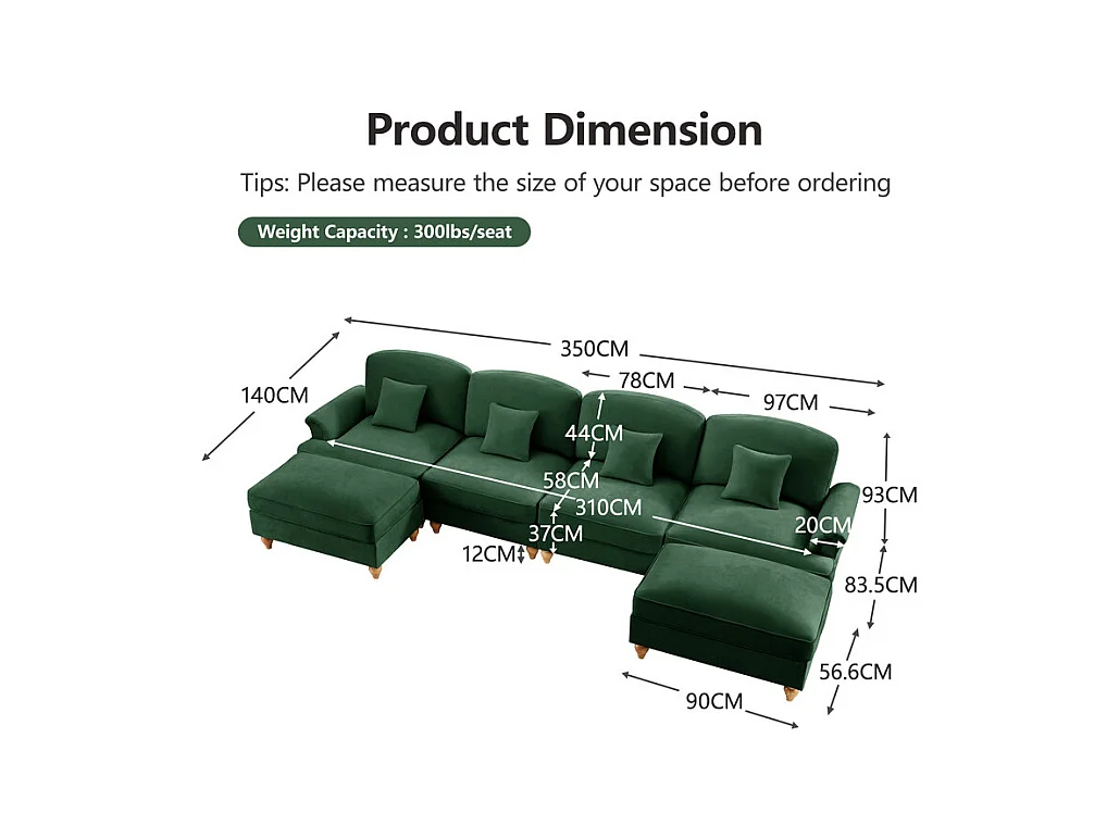 Sofá Cantinho Modular 4 Lugares em U - Chenille - Capa Removível e 2 Pufs - 350x140x93cm - Verde