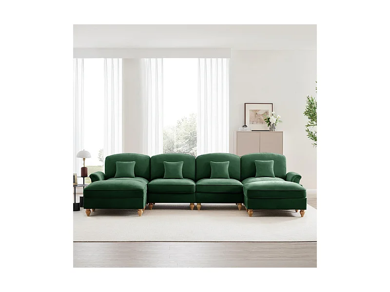 Sofá Cantinho Modular 4 Lugares em U - Chenille - Capa Removível e 2 Pufs - 350x140x93cm - Verde