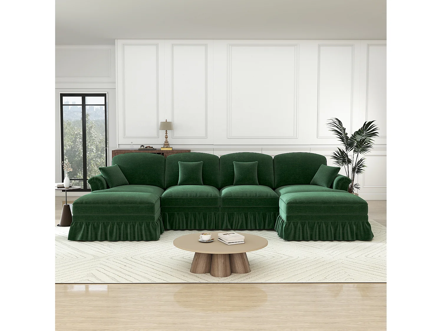 Canapé 4 places d’angle Modulable en U - Chenille - avec cantonnière amovible et 2 pouf mobile - 350x140x93cm - Vert