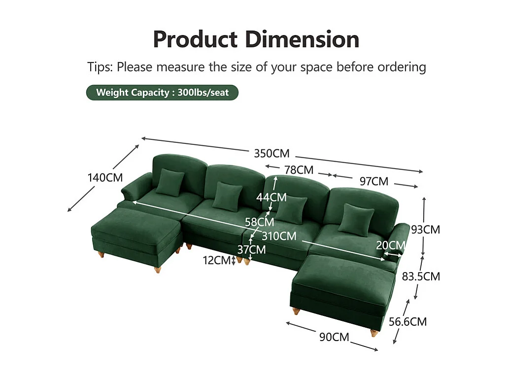 Canapé 4 places d’angle Modulable en U - Chenille - avec cantonnière amovible et 2 pouf mobile - 350x140x93cm - Vert