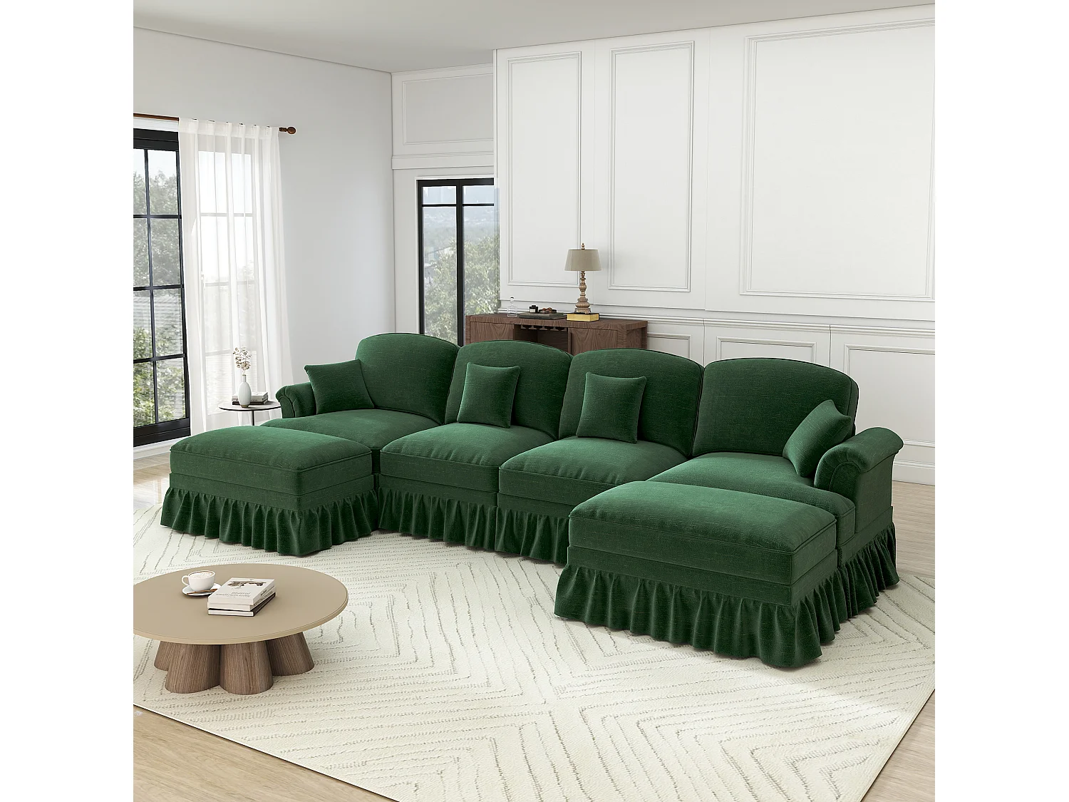 Canapé 4 places d’angle Modulable en U - Chenille - avec cantonnière amovible et 2 pouf mobile - 350x140x93cm - Vert