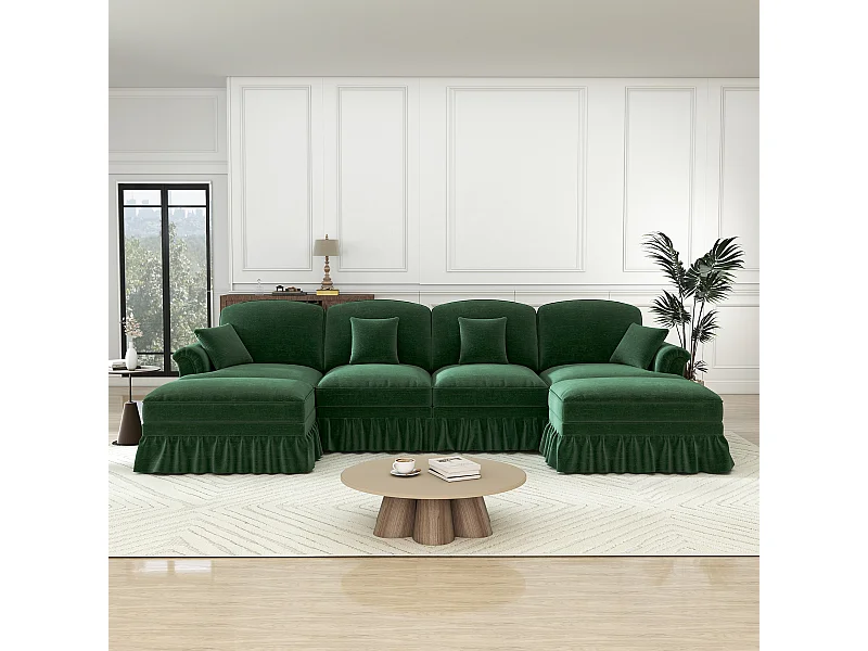 Divano Angolare Modulare 4 Posti a U - Ciniglia - Coprimaterasso Rimovibile e 2 Pouf - 350x140x93cm - Verde