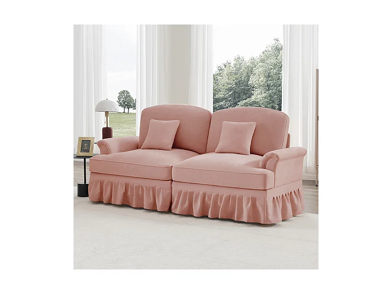 Grand canapé 2 places en Chenille - avec cantonnière amovible et 2 oreillers - 194x83,5x93cm - Rose