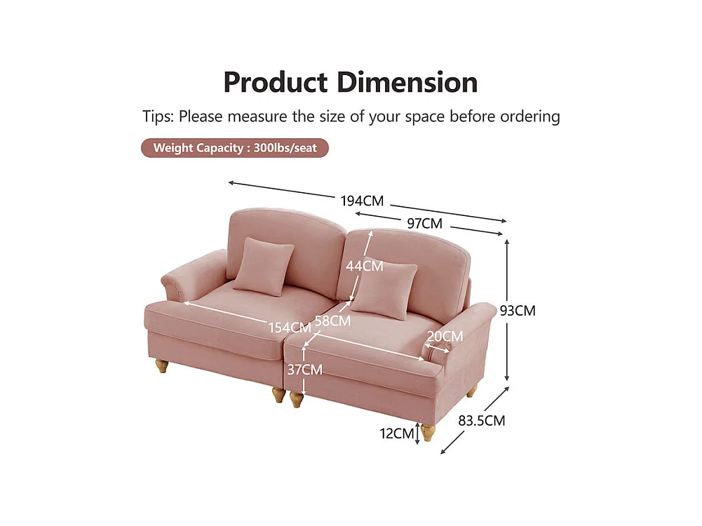 Grand canapé 2 places en Chenille - avec cantonnière amovible et 2 oreillers - 194x83,5x93cm - Rose