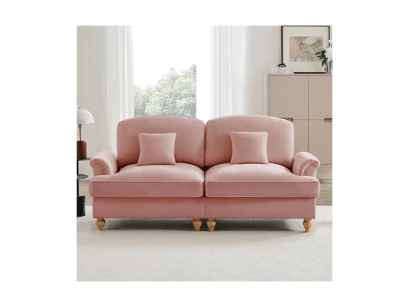 Grand canapé 2 places en Chenille - avec cantonnière amovible et 2 oreillers - 194x83,5x93cm - Rose