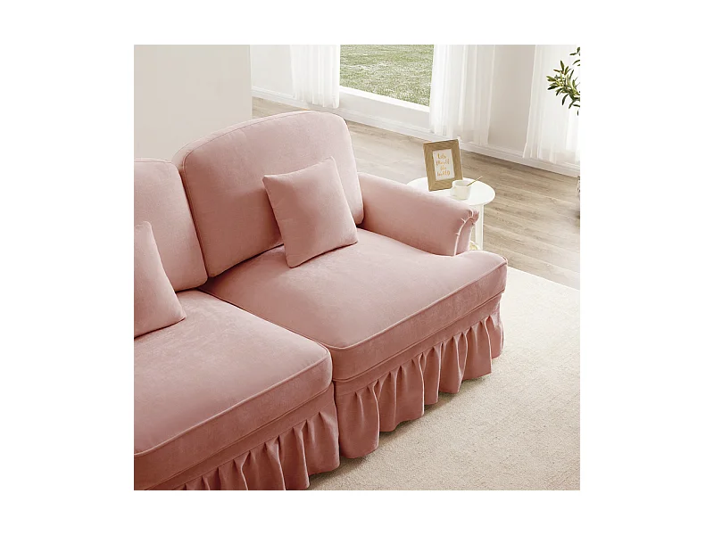 Grand canapé 2 places en Chenille - avec cantonnière amovible et 2 oreillers - 194x83,5x93cm - Rose