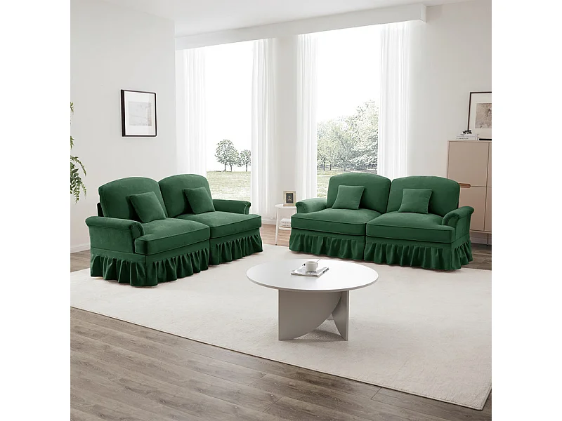 Lot de 2 canapé en Chenille - 2 places - avec cantonnière amovible et 4 oreillers - 194x83,5x93cm - Vert