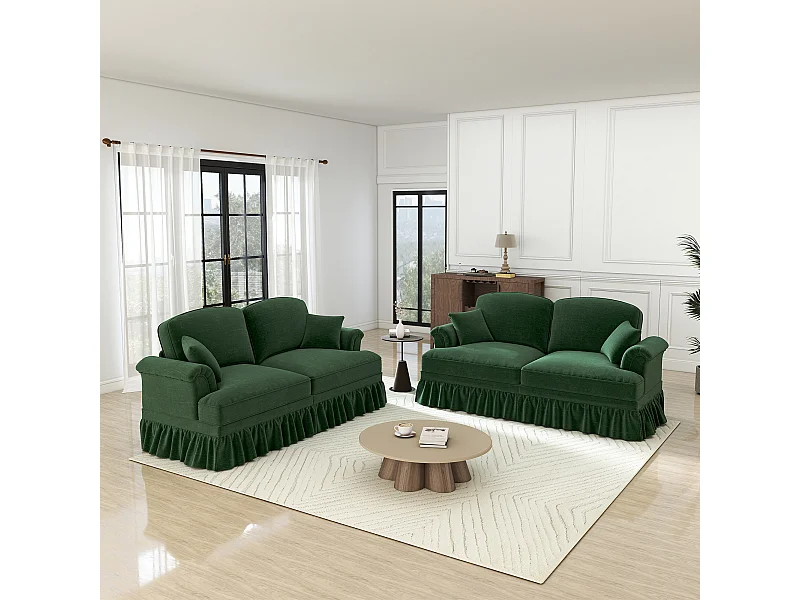 Set 2 Couchen Chenille 2-Sitzer - Abnehmbarer Überwurf und 4 Kissen - 194x83.5x93cm - Grün