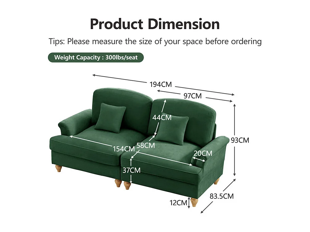 Lot de 2 canapé en Chenille - 2 places - avec cantonnière amovible et 4 oreillers - 194x83,5x93cm - Vert