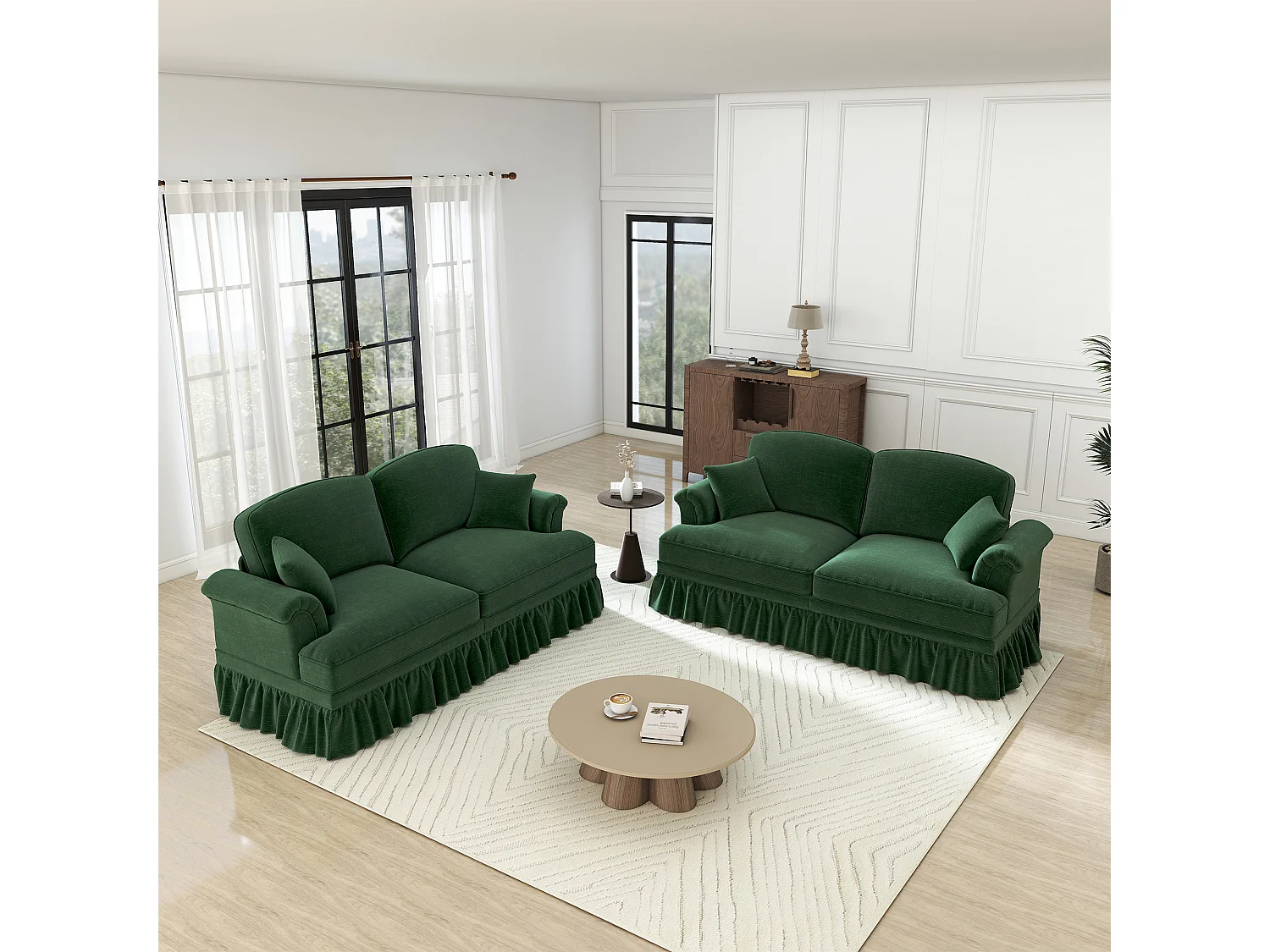 Lot de 2 canapé en Chenille - 2 places - avec cantonnière amovible et 4 oreillers - 194x83,5x93cm - Vert