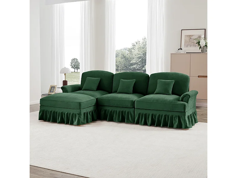 Modulare Eckcouch 3-Sitzer Chenille - Abnehmbarer Überwurf und Hocker - 272x140x93cm - Grün