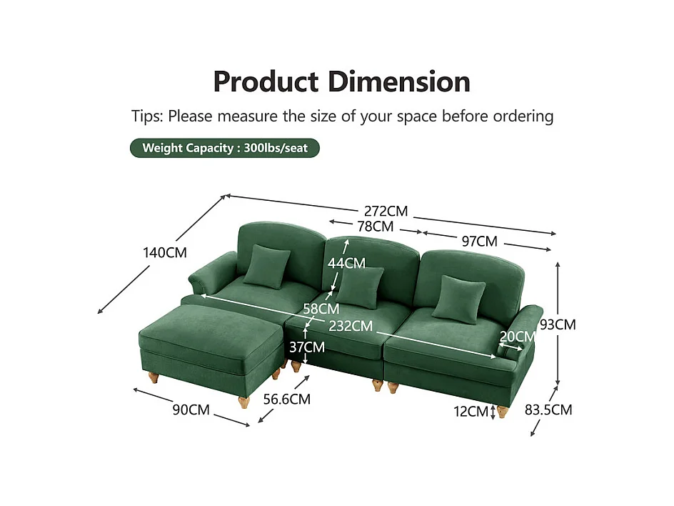Sofá Cantinho Modular 3 Lugares Chenille - Capa Removível e Puf Móvel - 272x140x93cm - Verde