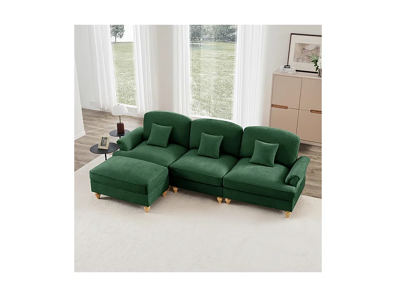 Sofá Cantinho Modular 3 Lugares Chenille - Capa Removível e Puf Móvel - 272x140x93cm - Verde