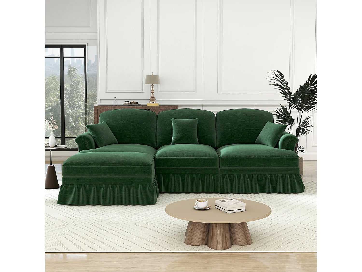 Canapé 3 places d’angle modulable en Chenille - avec cantonnière amovible et pouf mobile - 272x140x93cm - Vert