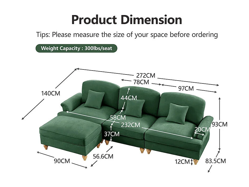 Canapé 3 places d’angle modulable en Chenille - avec cantonnière amovible et pouf mobile - 272x140x93cm - Vert