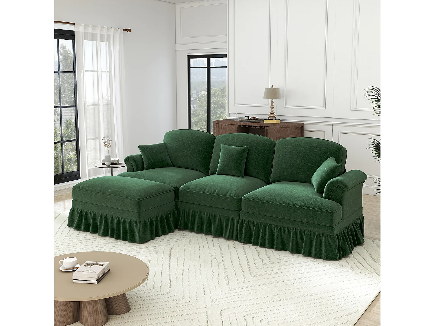 Canapé 3 places d’angle modulable en Chenille - avec cantonnière amovible et pouf mobile - 272x140x93cm - Vert