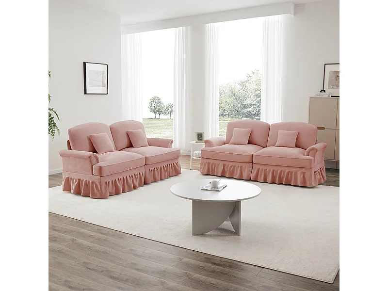 Lot de 2 canapé en Chenille - 2 places - avec cantonnière amovible et 4 oreillers - 194x83,5x93cm - Rose