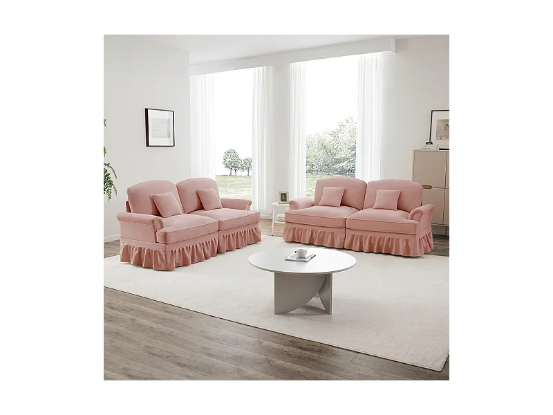Lot de 2 canapé en Chenille - 2 places - avec cantonnière amovible et 4 oreillers - 194x83,5x93cm - Rose