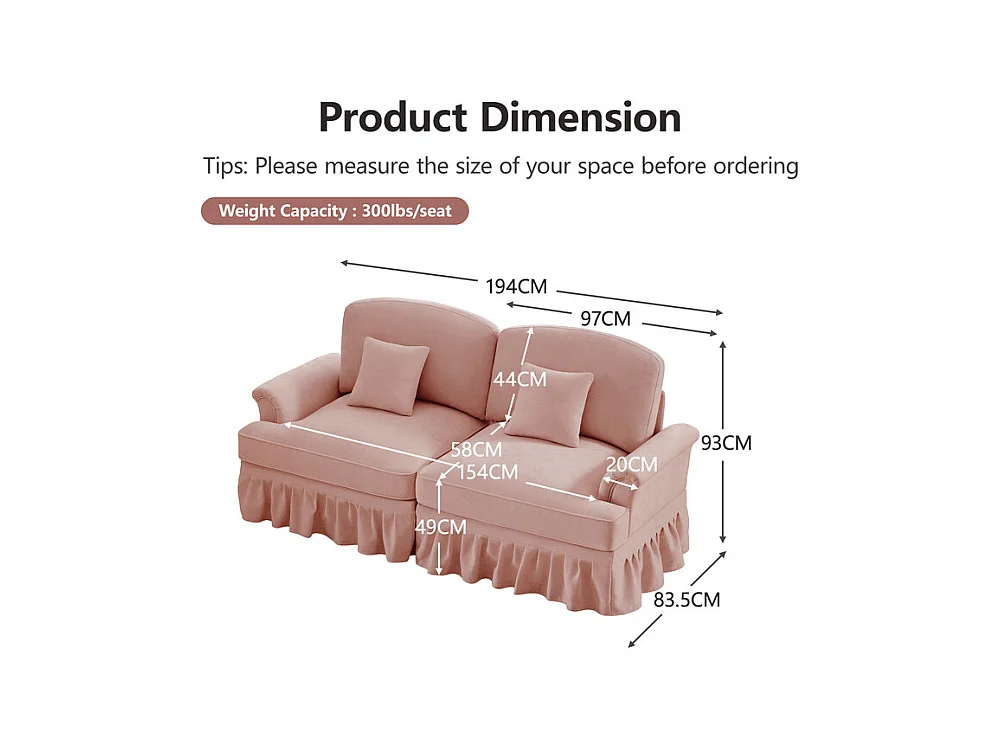 Lot de 2 canapé en Chenille - 2 places - avec cantonnière amovible et 4 oreillers - 194x83,5x93cm - Rose