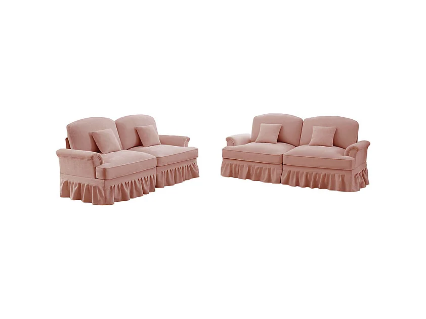 Lot de 2 canapé en Chenille - 2 places - avec cantonnière amovible et 4 oreillers - 194x83,5x93cm - Rose