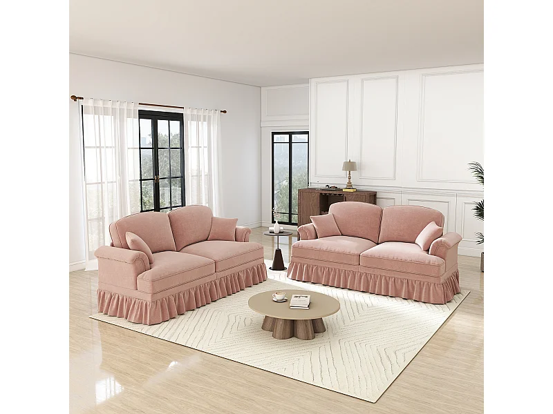 Set van 2 Banken Chenille 2-Zits - Afneembare Hoes en 4 Kussens - 194x83.5x93cm - Roze