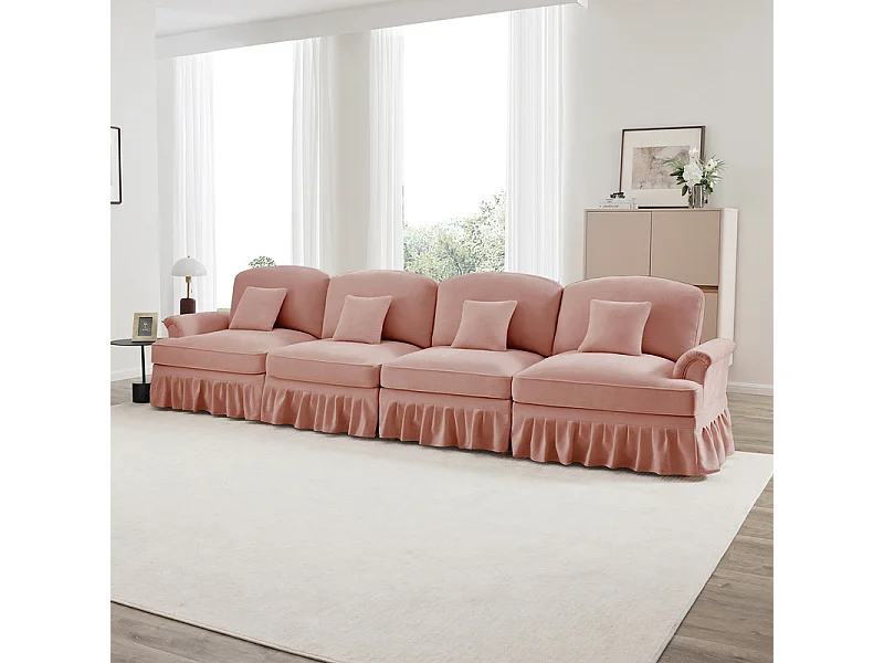 Canapé 4 places modulable en Chenille - avec cantonnière amovible et 4 oreillers - 350x83,5x93cm - Rose